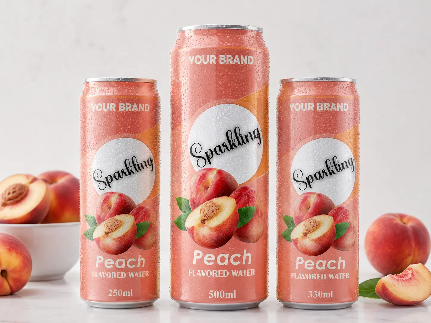 SPARKLING FLAVORED WATER Peach 250ml, 500ml and 330ml cans with fresh peaches.